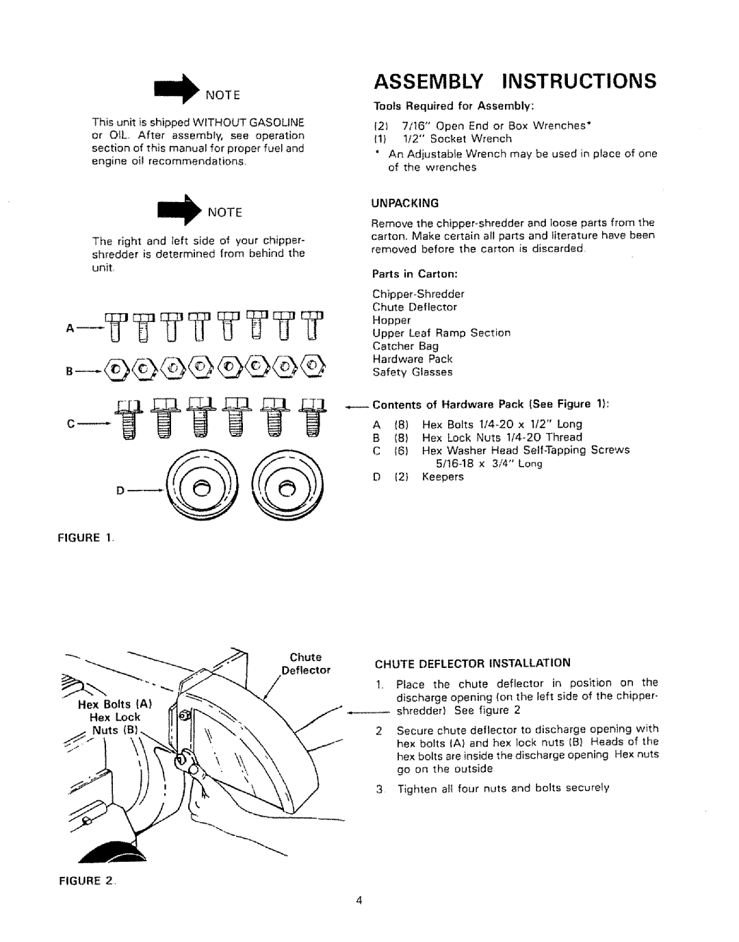 Craftsman 770-5875B, 247.796890 manual Assembly Instructions, Unpacking, Chute Deflector Installation, Hex Bolts a 