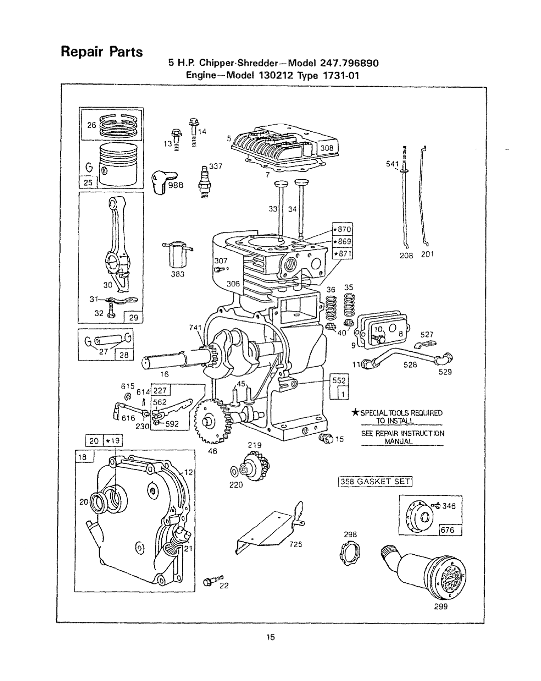Craftsman 770-5875B manual Repair Parts, 5 H.P, ChipperShredder--Model247.796890, Engine--Model130212 Type 