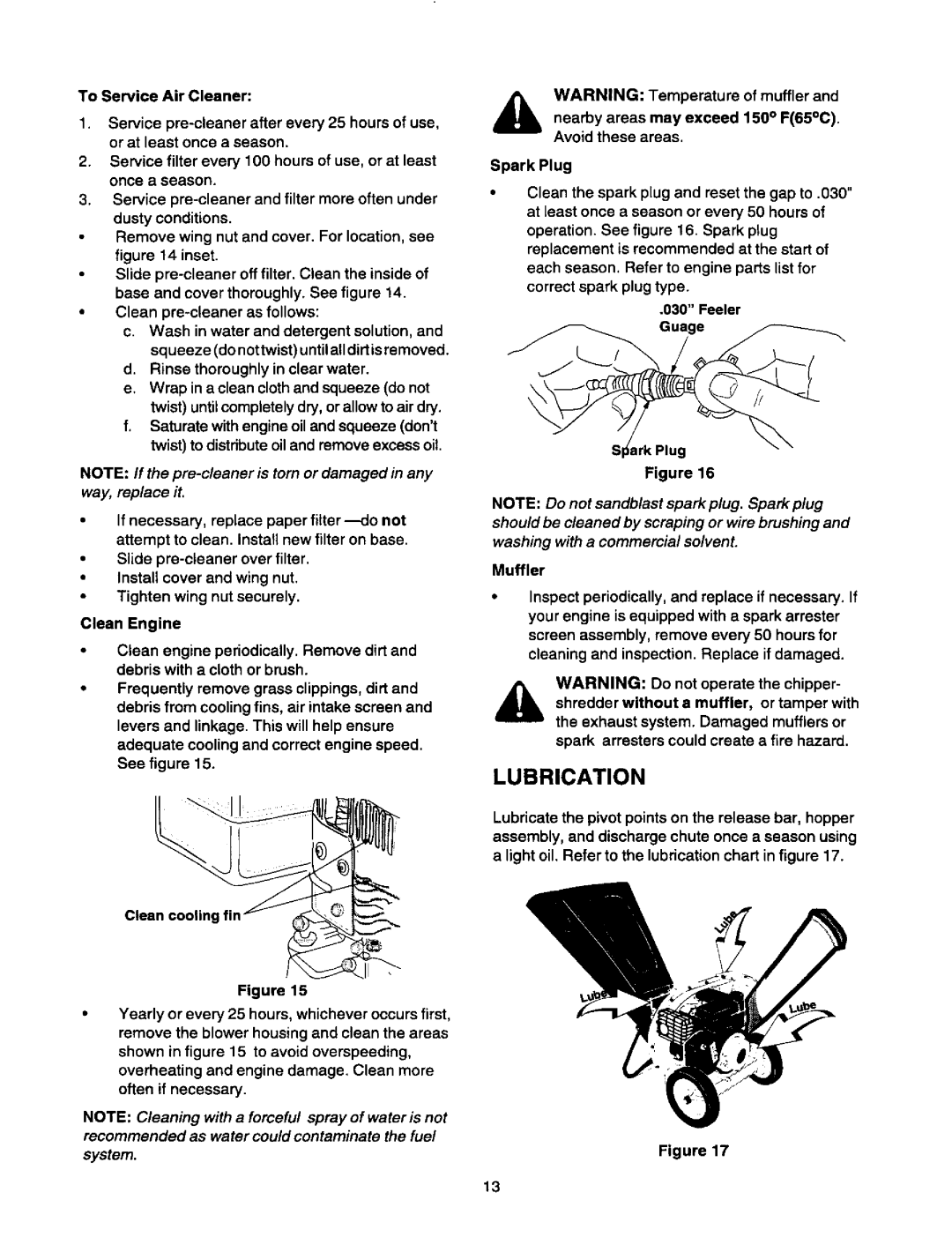 Craftsman 247.775870 owner manual Lubrication, Muffler 