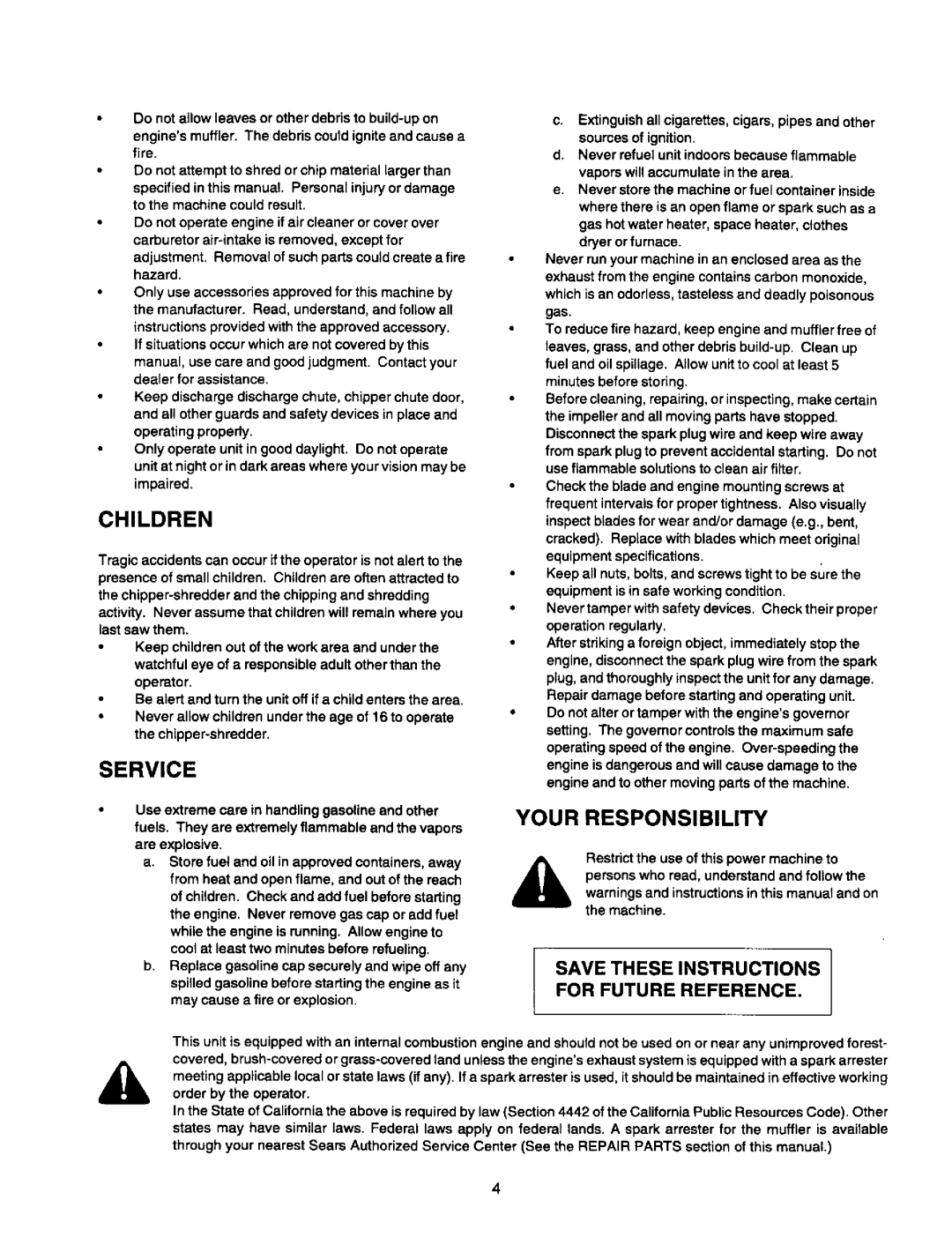 Craftsman 247.775870 owner manual Children, Service, Your Responsibility 