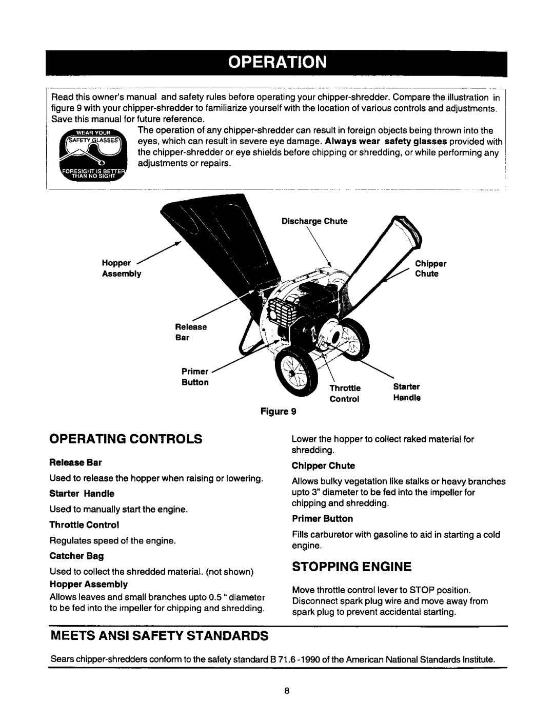 Craftsman 247.775870 owner manual Operating Controls, Stopping Engine, Meets Ansi Safety Standards, Primer Button 