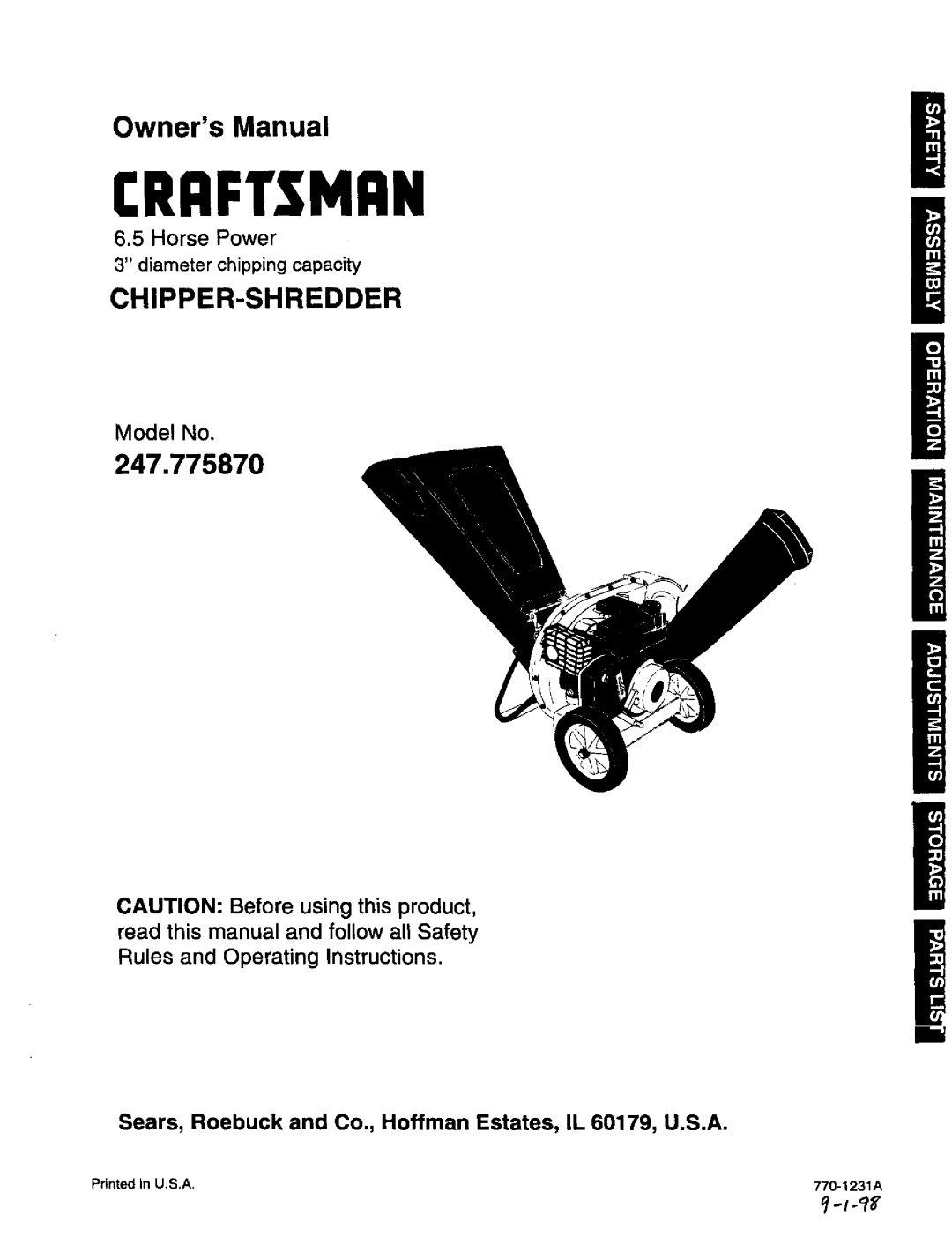 Craftsman 247.775870 owner manual Owners Manual, Chipper-Shredder, 6.5Horse Power, Model No, Crrftsman 