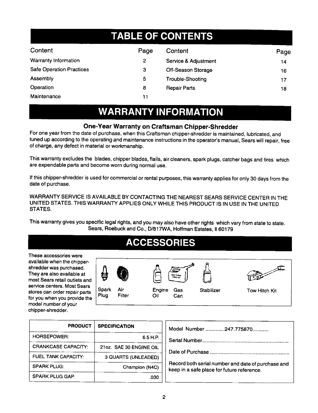 Craftsman 247.775870 owner manual One-YearWarranty on Craftsman Chipper-Shredder, Page, Content 