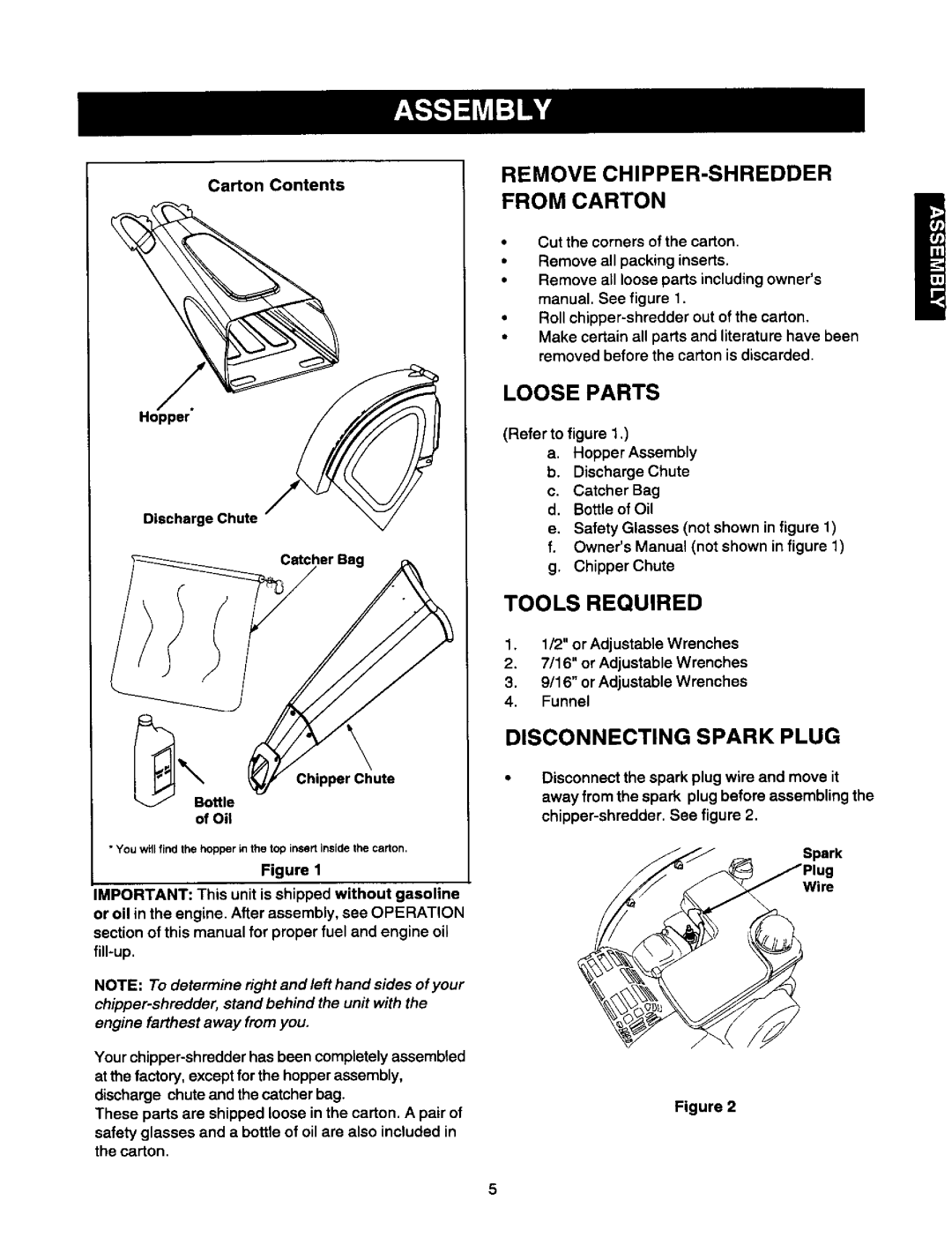 Craftsman 247.775870 Remove Chipper-Shredder, From Carton, Loose Parts, Tools Required, Disconnecting Spark Plug 