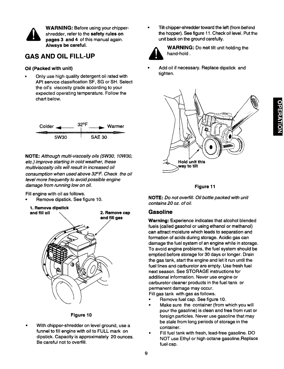 Craftsman 247.775870 owner manual Gas And Oil Fill-Up, Gasoline, hand-hold, WARNING: Do not tilt unit holding the 