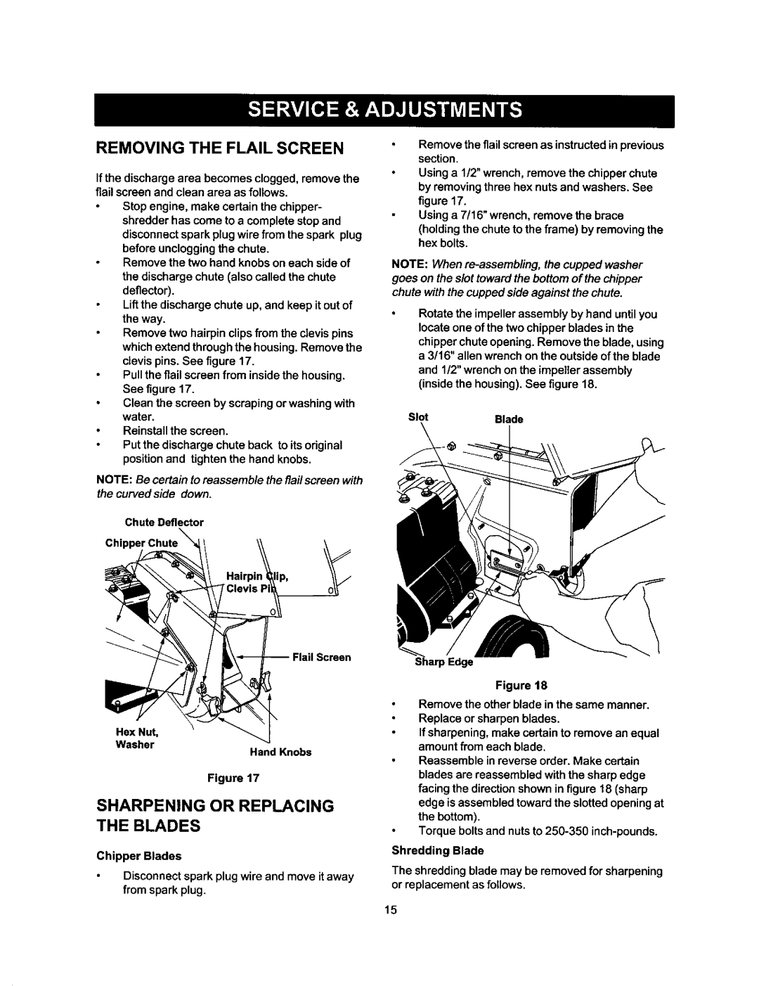 Craftsman 247.77588O Removing the Flail Screen, Sharpening or Replacing Blades, Hex Nut Washer Hand Knobs, Chipper Blades 