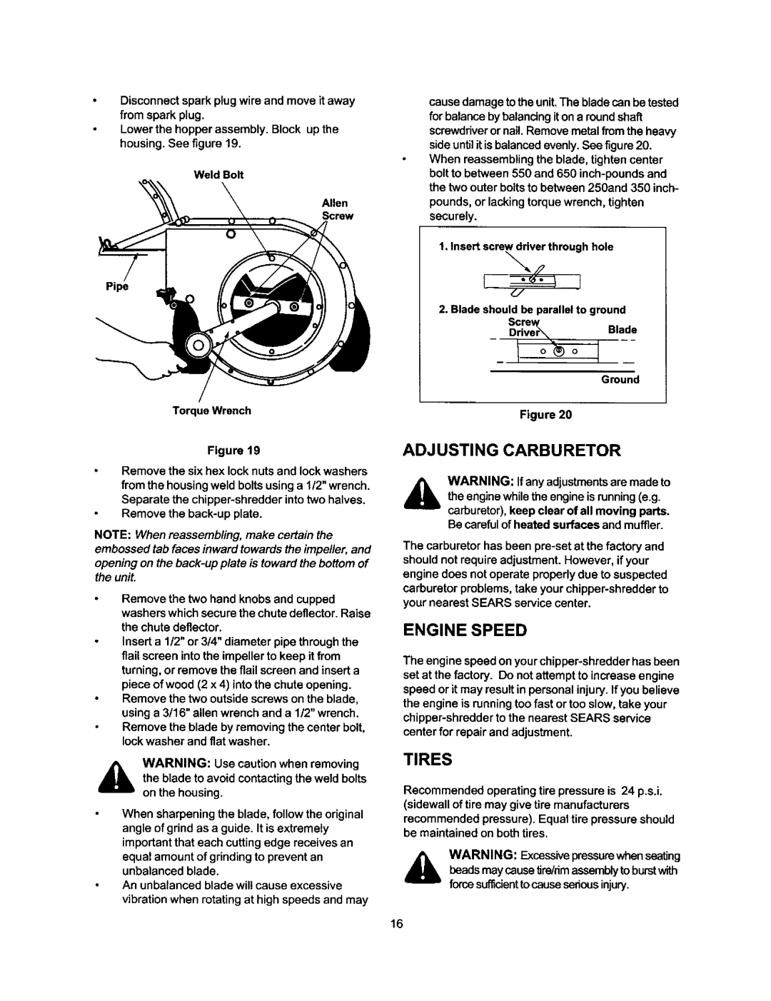 Craftsman 247.77588O owner manual Disconnectsparkplug wire and move it away, Adjusting Carburetor, Tires, Engine Speed 