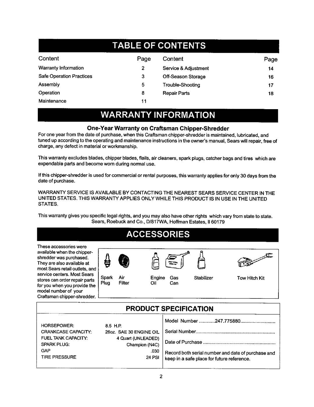 Craftsman 247.77588O owner manual Product Specification, Engine, Tow HitchKit 