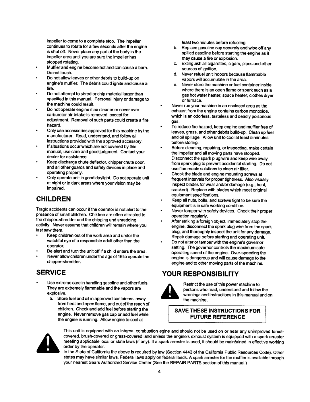 Craftsman 247.77588O owner manual ImpellertocometoacompletestopTheimpeller, Children, Your Responsibility, Service 