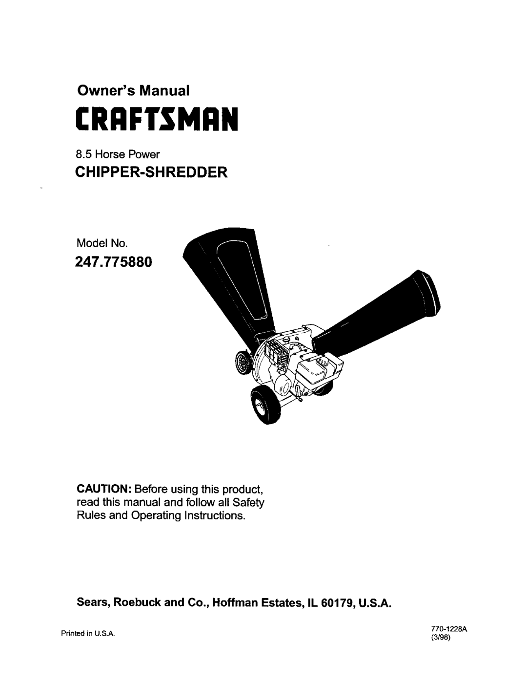 Craftsman 247.77588O owner manual Chipper-Shredder, Horse Power, Model No, Craftsman, 770-1228A 