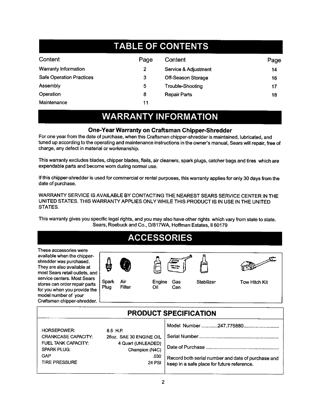Craftsman 247.77588O owner manual Product Specification, One-Year Warranty on Craftsman Chipper-Shredder 