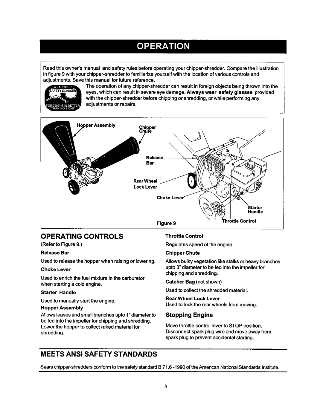 Craftsman 247.77588O owner manual Operating Controls, Meets Ansi Safety Standards, Stopping Engine 