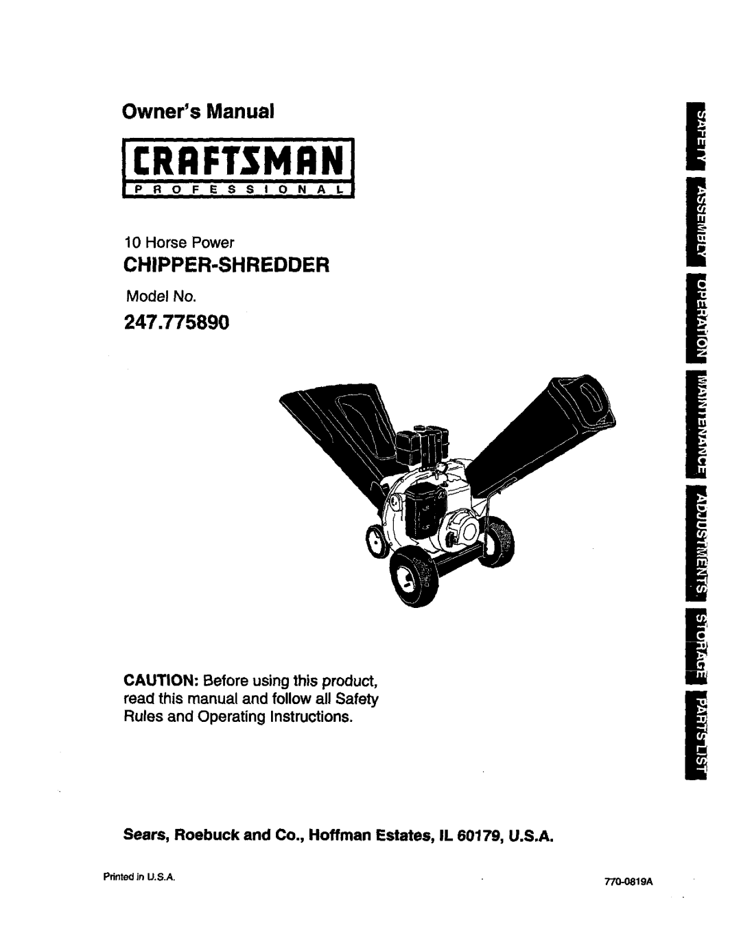 Craftsman 247.775890 manual Horse Power, Sears, Roebuck and Co., Hoffman Estates, IL 60179, U.S.A 