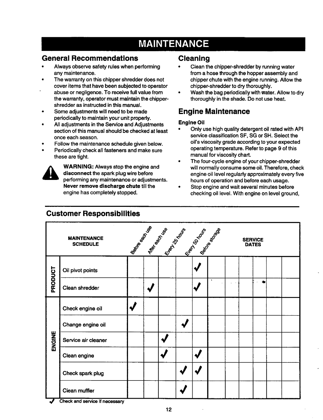 Craftsman 247.775890 manual General Recommendations, Cleaning, Engine Maintenance, Customer Responsibilities 