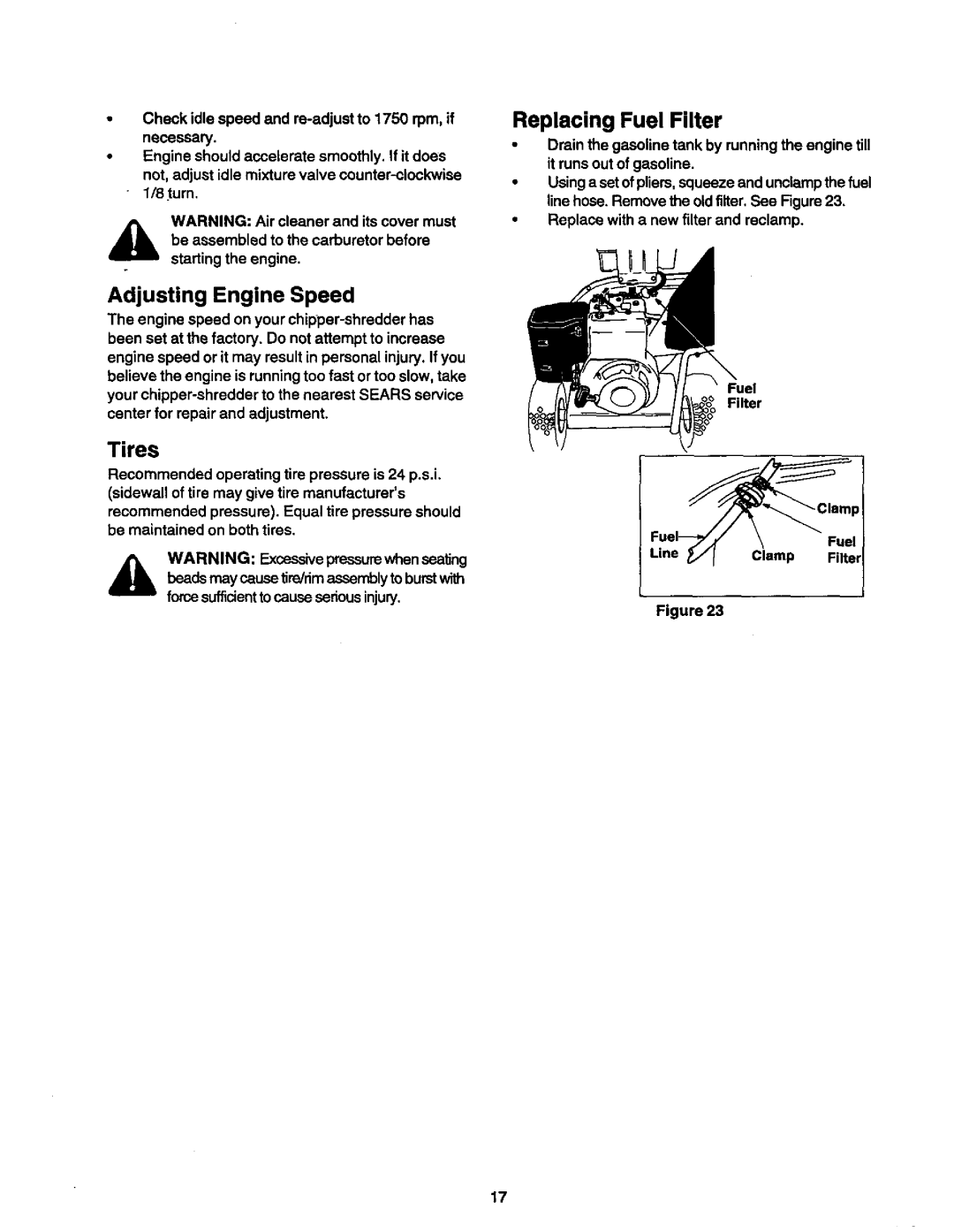 Craftsman 247.775890 manual Adjusting Engine Speed, Replacing Fuel Filter 