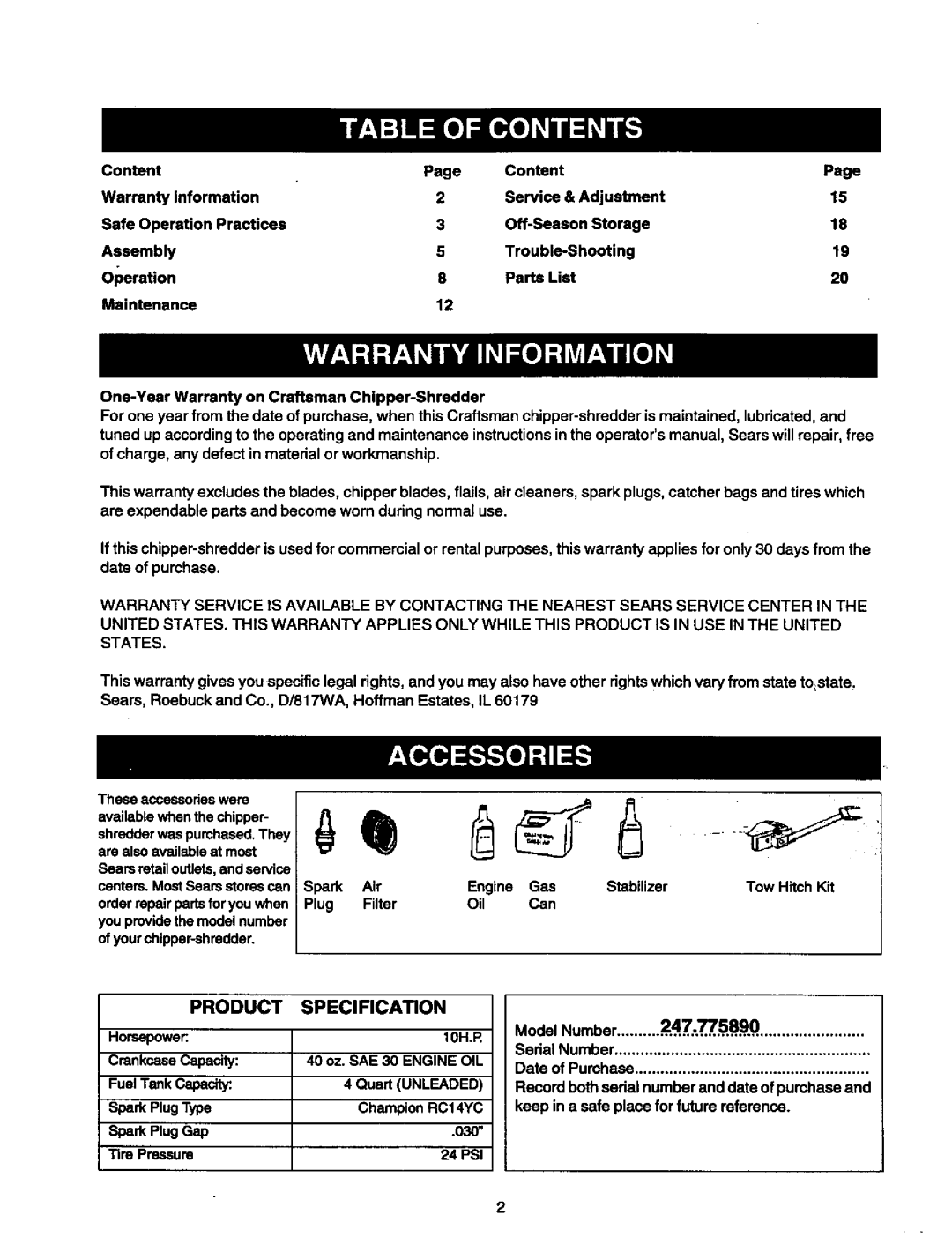 Craftsman 247.775890 manual Product, Specification 