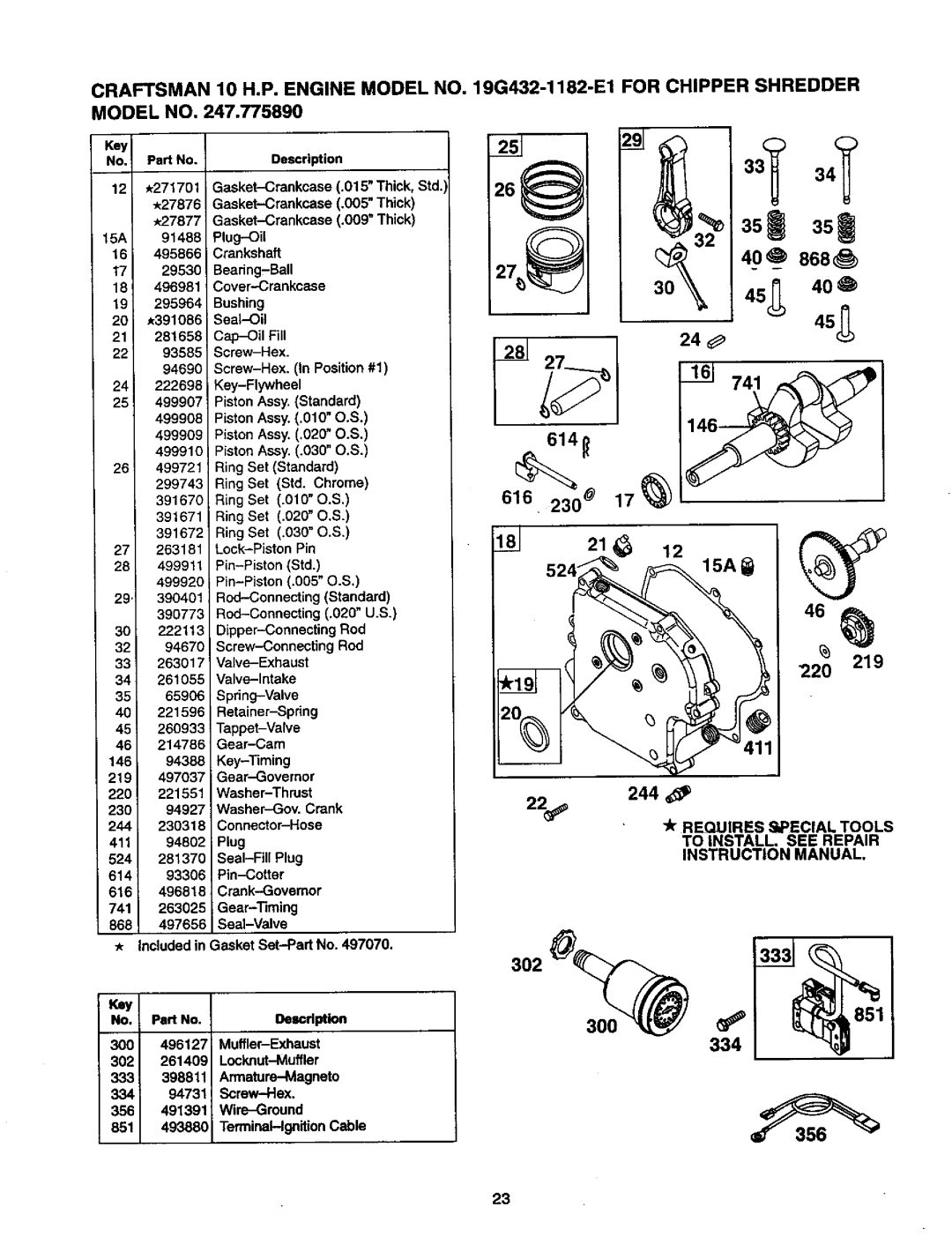Craftsman 247.775890 manual CRAFTSMAN 10 H,P. ENGINE MODEL NO. MODEL NO, 19G432-1182-E1FOR CHIPPER SHREDDER 614_ 616 21 _ 
