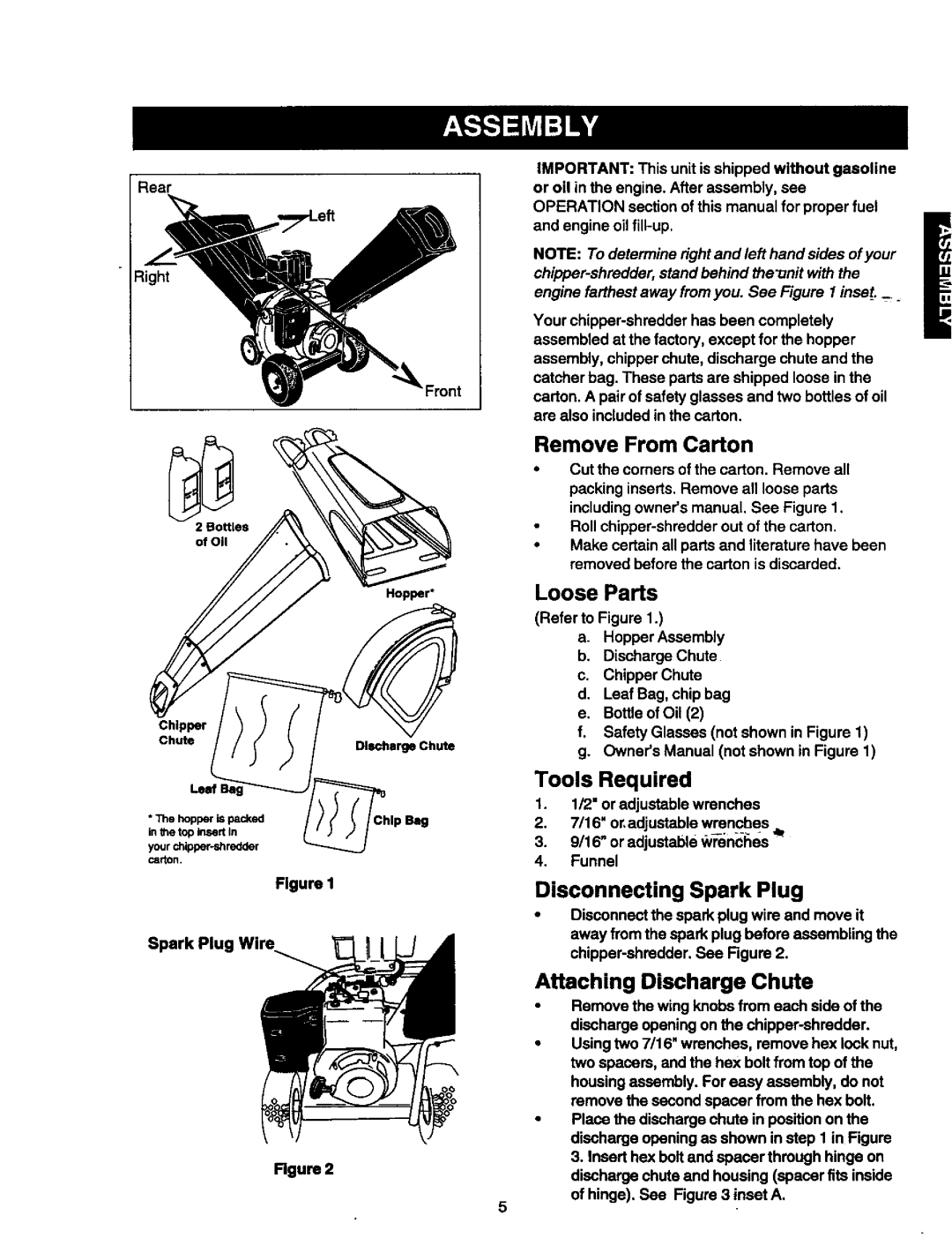 Craftsman 247.775890 Remove From Carton, Loose Parts, Tools Required, Disconnecting Spark Plug, Attaching Discharge Chute 