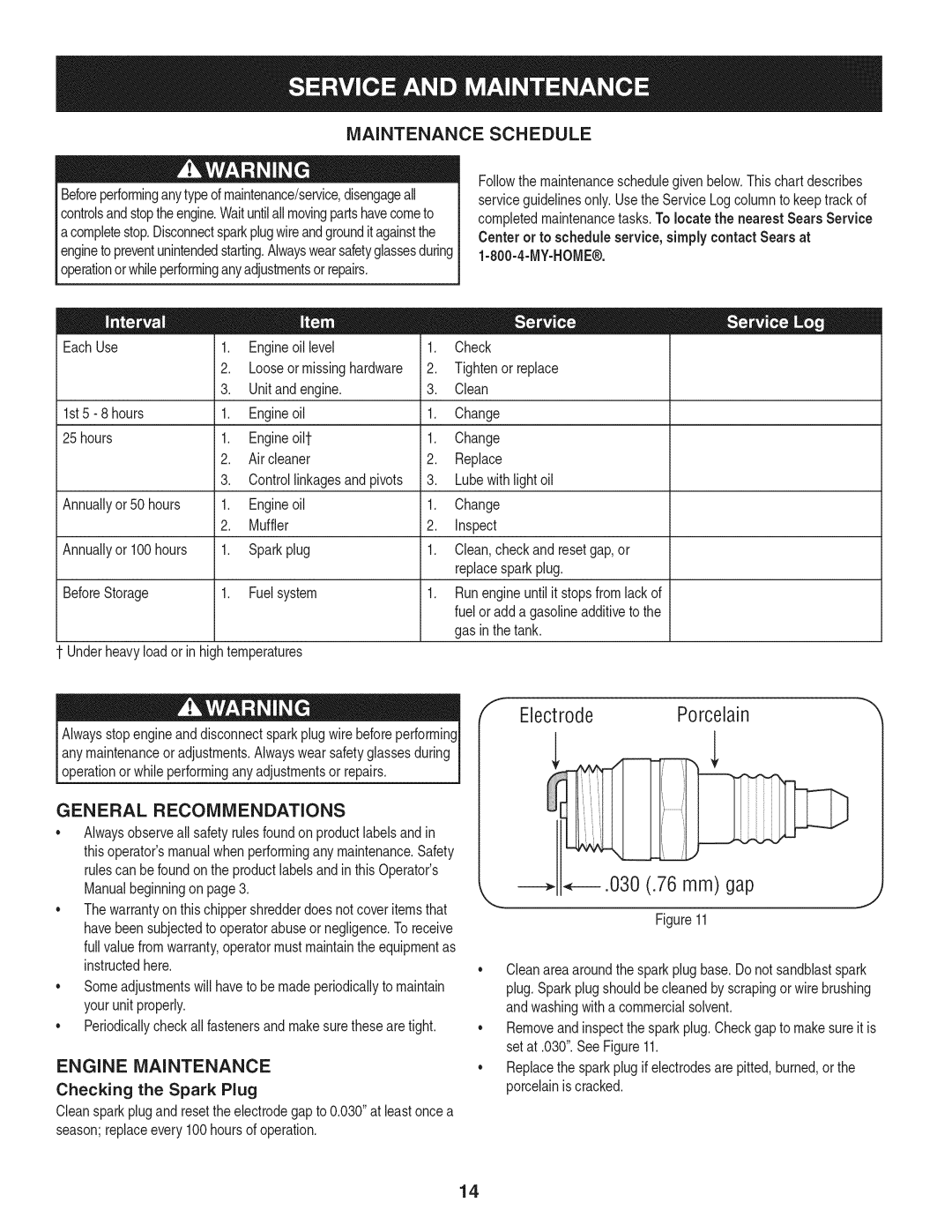 Craftsman 1450 Series, 247.77638 manual Porcelain, Maintenance Schedule, General Recommendations, Engine 