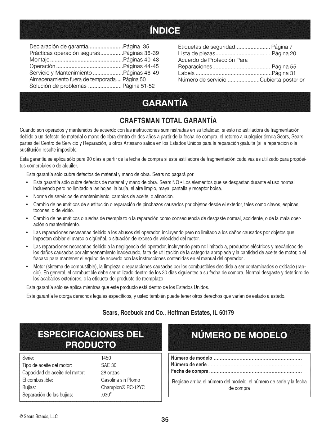 Craftsman 1450 Series, 77638 manual Declaraci6n de garanta Pagina, Operaci6n seguras, 36-39, Montaje, 40-43, 44-45, 46-49 