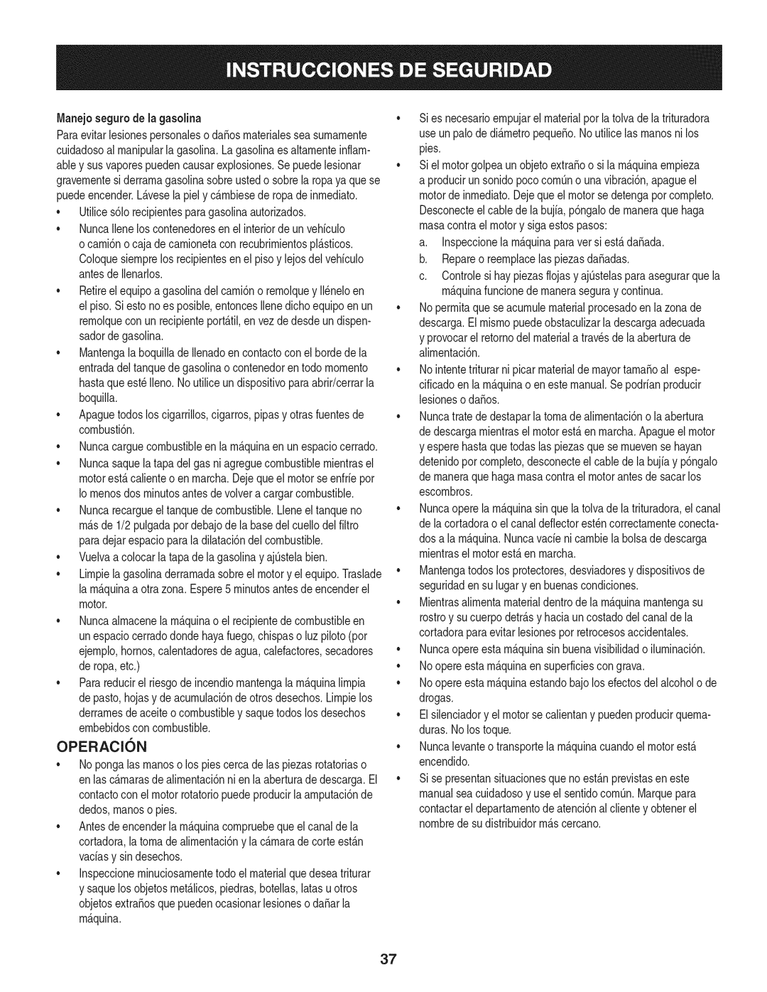 Craftsman 247.77638, 1450 Series Operacion, Manejoseguro de la gasolina, Utilices61orecipientesparagasolinaautorizados 