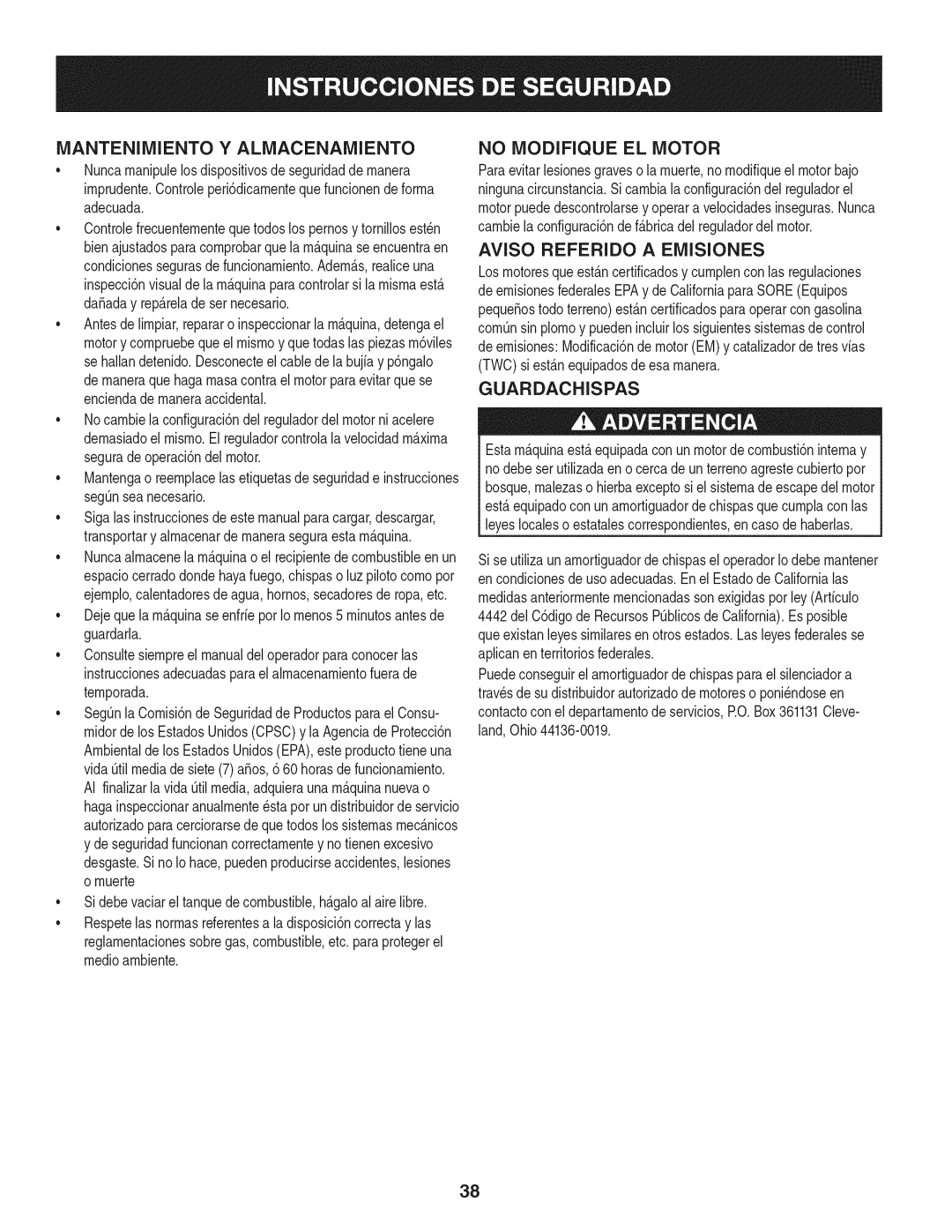 Craftsman 1450 Series Mantenimiento Y Almacenamiento, No Modifique EL Motor, Aviso Referido a Emisiones, Guardachispas 