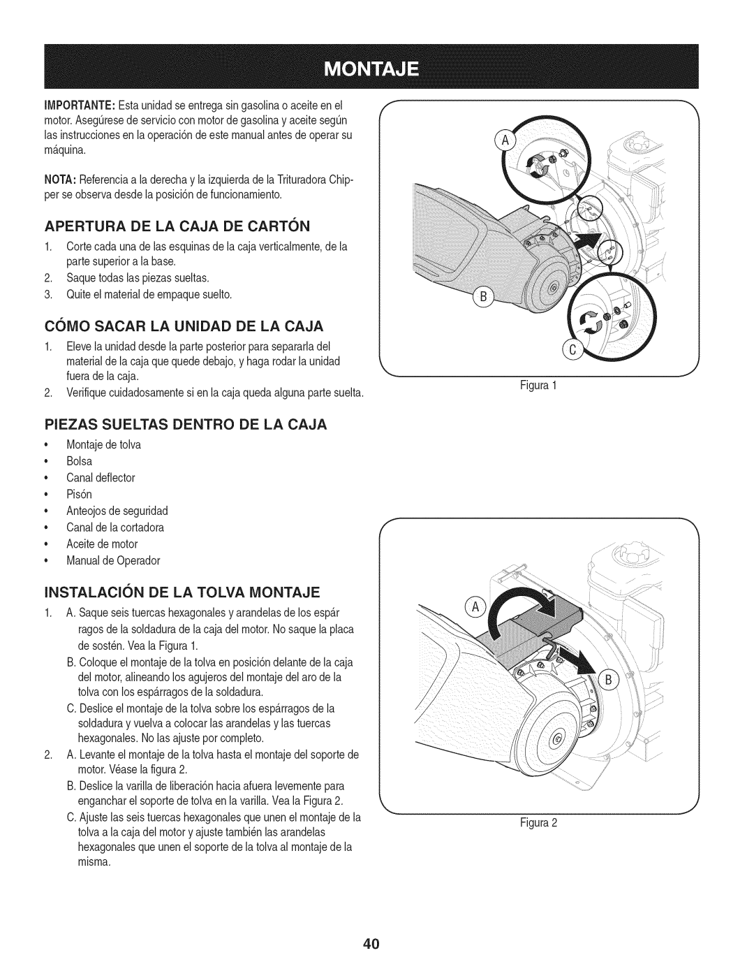 Craftsman 247.77638 Apertura DE LA Caja DE Carton, Coivio Sacar LA Unidad DE LA Caja, Piezas Sueltas Dentro DE LA Caja 