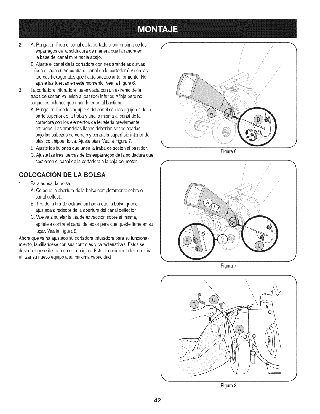 Craftsman 247.77638, 1450 Series manual COLOCAClON DE LA Bolsa, Sostienenel canalde lacortadoraa la cajadelmotor 