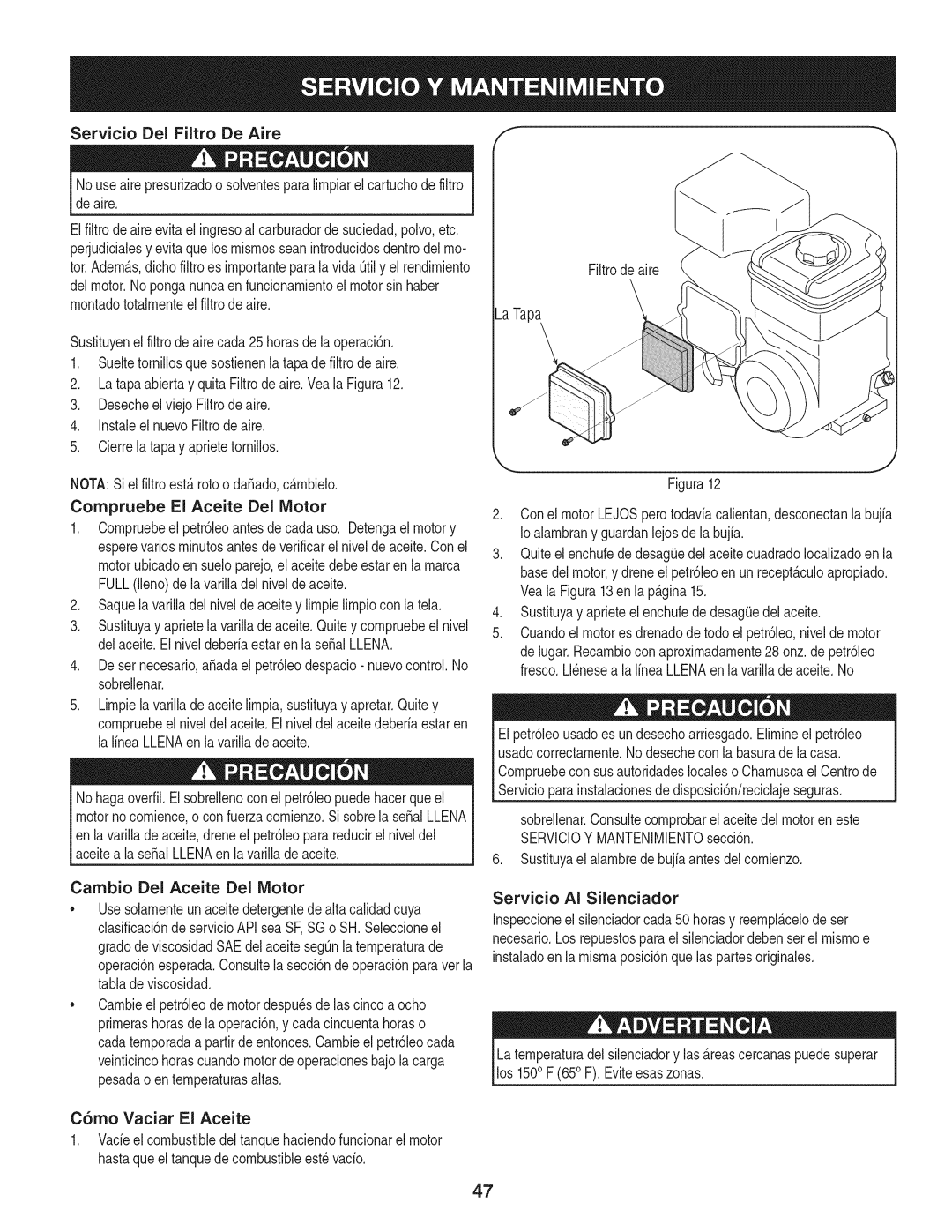 Craftsman 1450 Series, 77638 manual Servicio Del Filtro De Aire, Saquela varilladel niveldeaceitey limpielimpiocon latel 