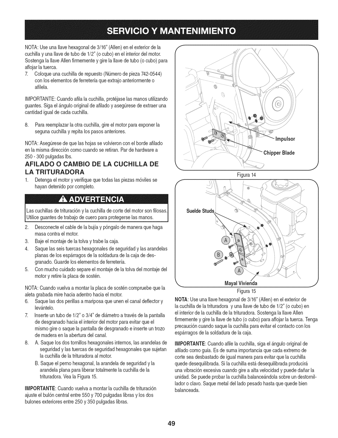 Craftsman 247.77638, 1450 Series manual Afilado O Canibio DE LA Cuchilla DE, LA Trituradora, 250- 300pulgadasIbs 