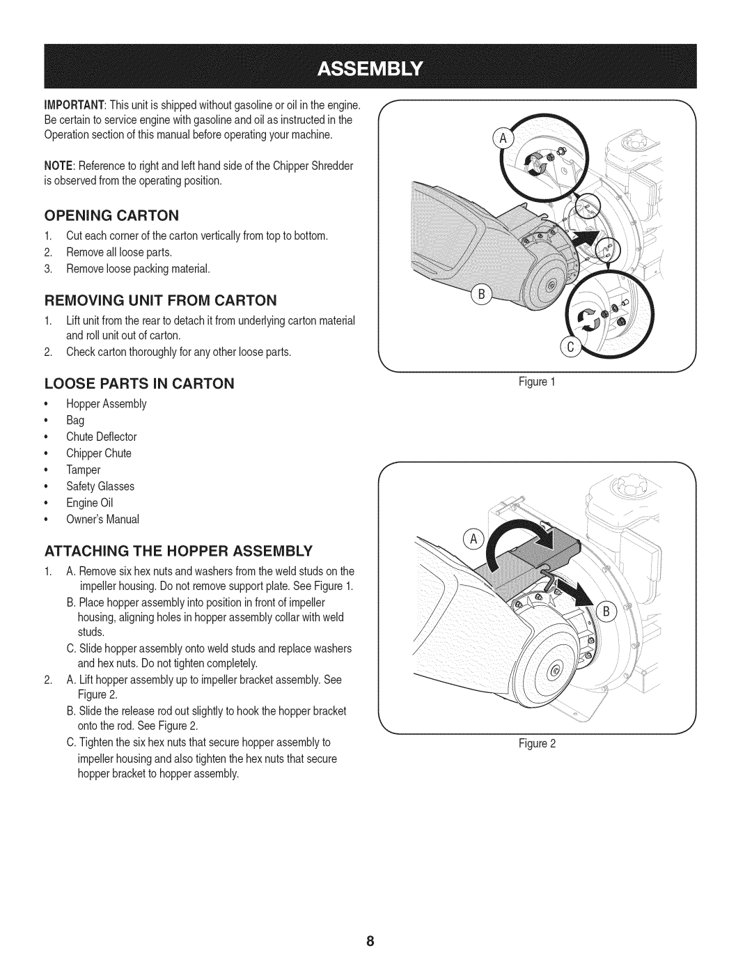 Craftsman 1450 Series Opening Carton, Removing UNiT from Carton, Loose Parts in Carton, Attaching the Hopper Assembly 