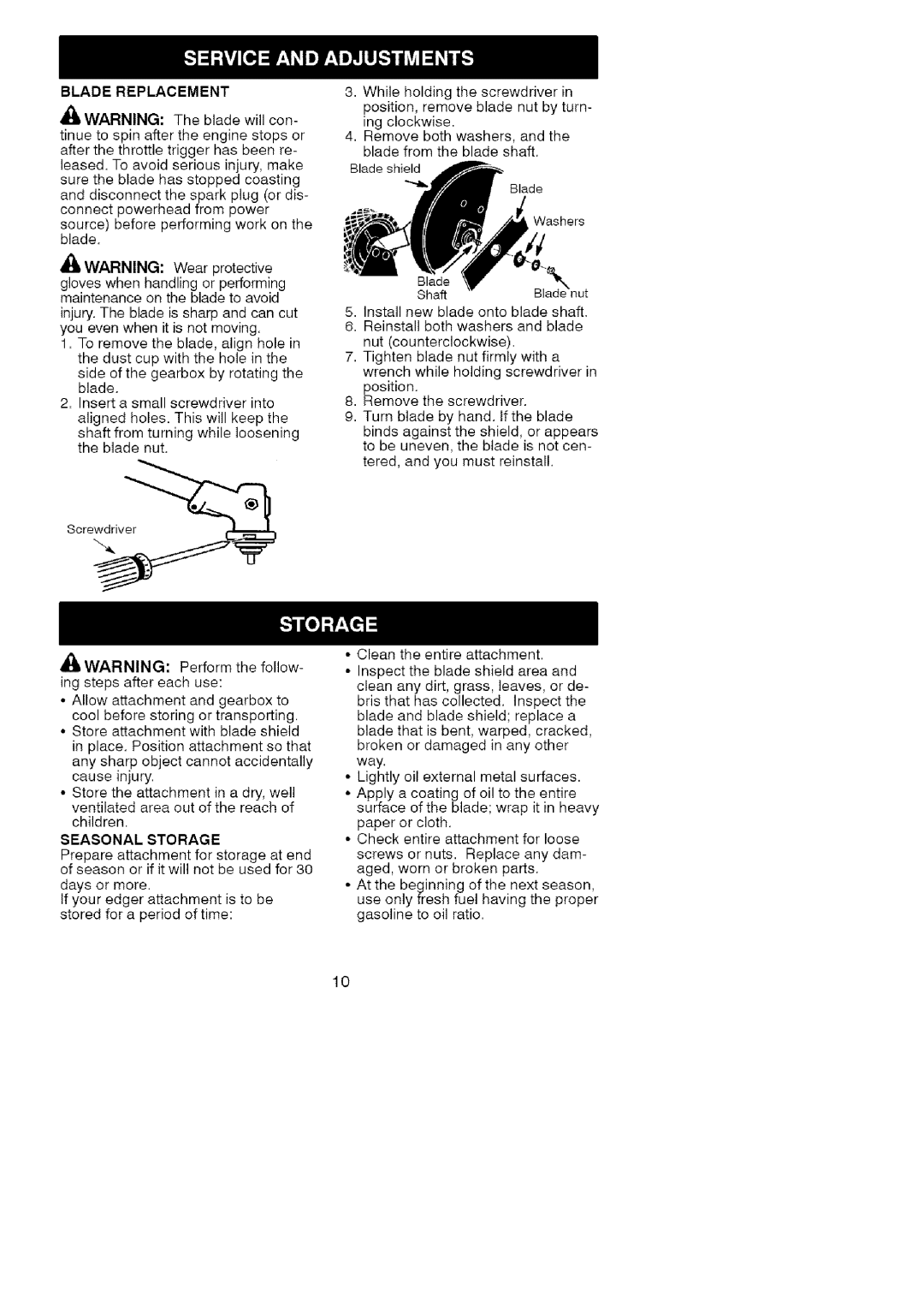 Craftsman 358.792403 manual Blade Replacement, Seasonal Storage 