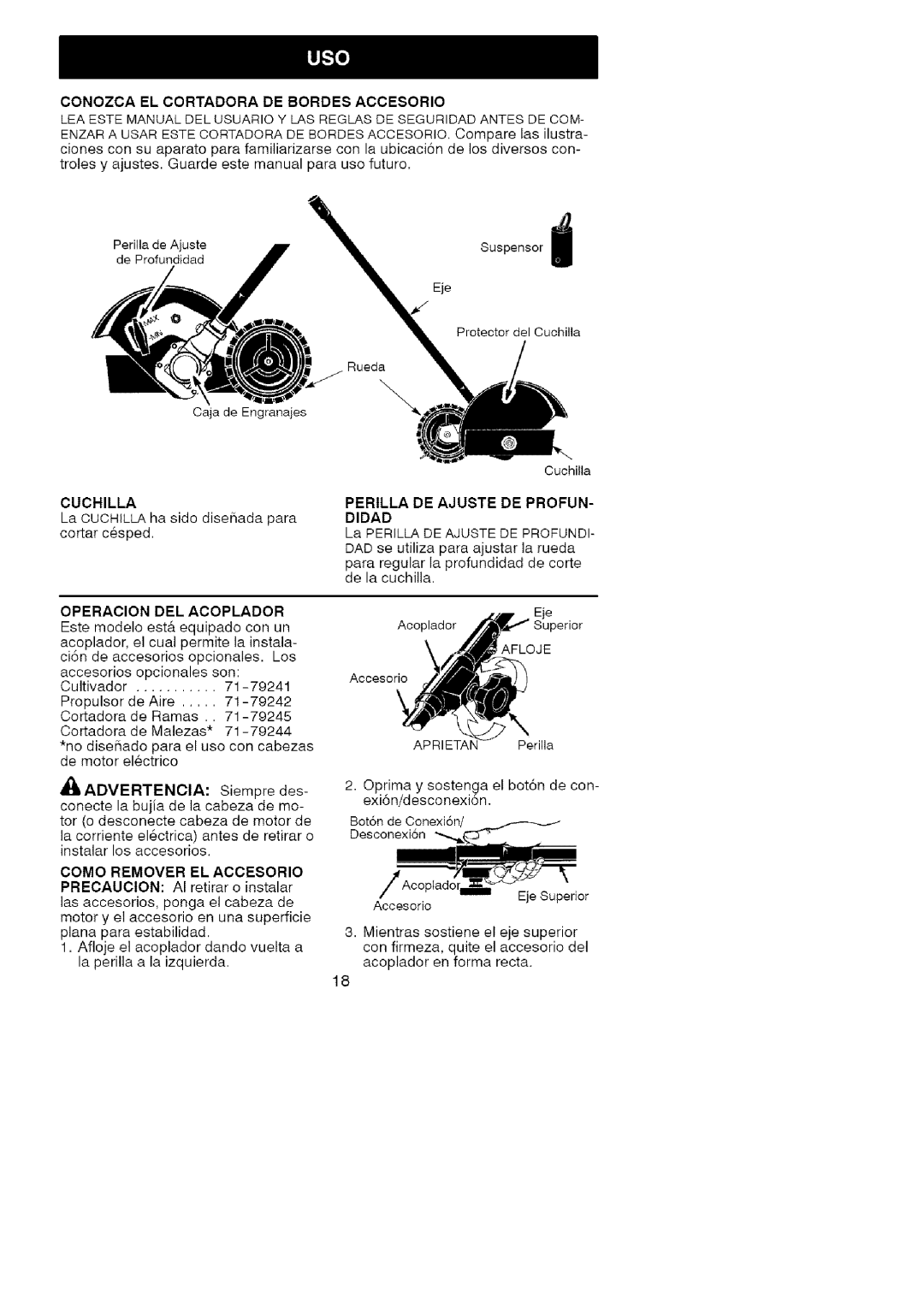 Craftsman 358.792403 manual Conozca EL Cortadora DE Bordes Accesorio, Cuchilla, Perilla DE Ajuste DE Profun, Didad 