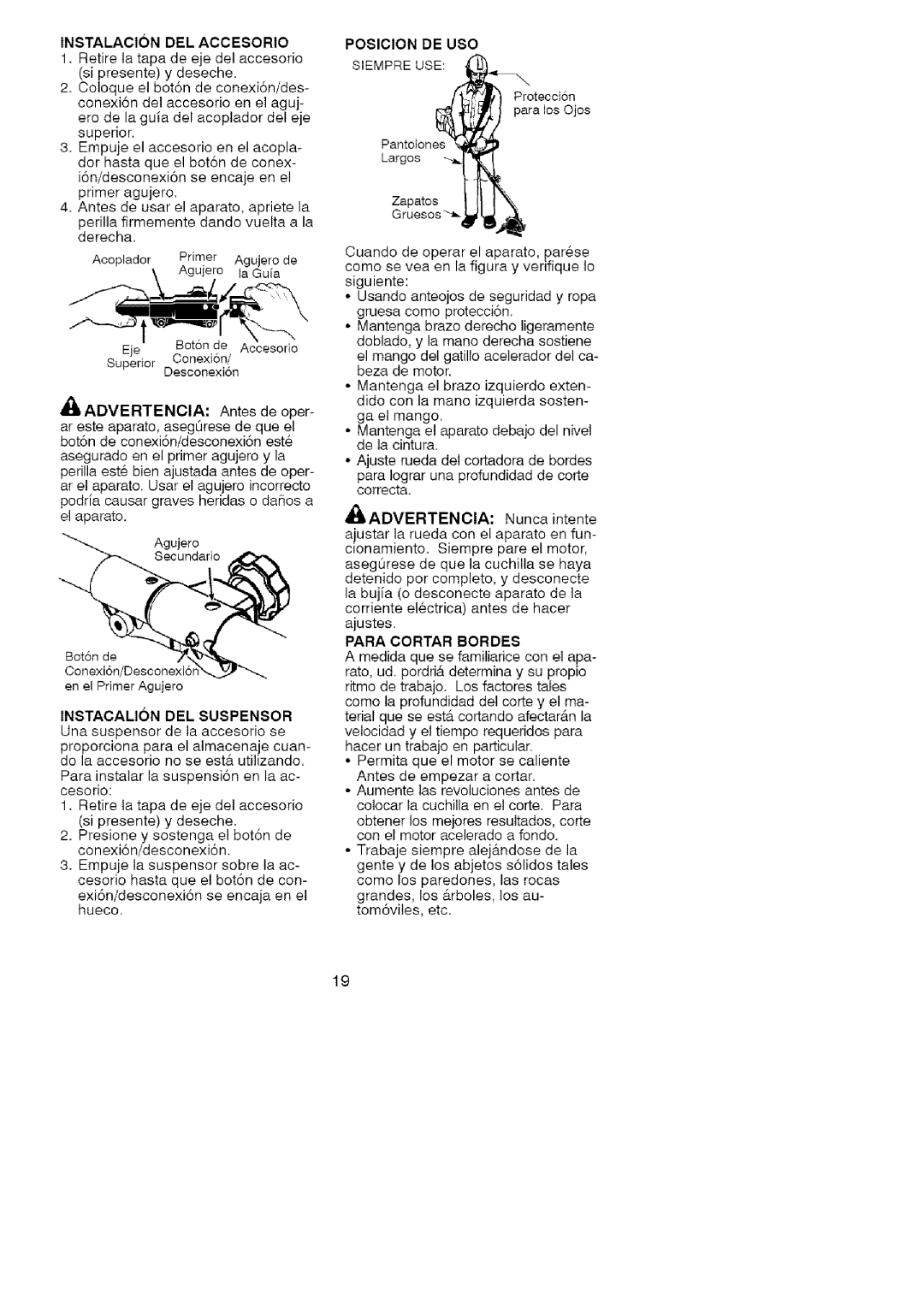 Craftsman 358.792403 manual Sipresenteydeseche, Instacalion DEL Suspensor, Posicion DE USO, Para Cortar Bordes 