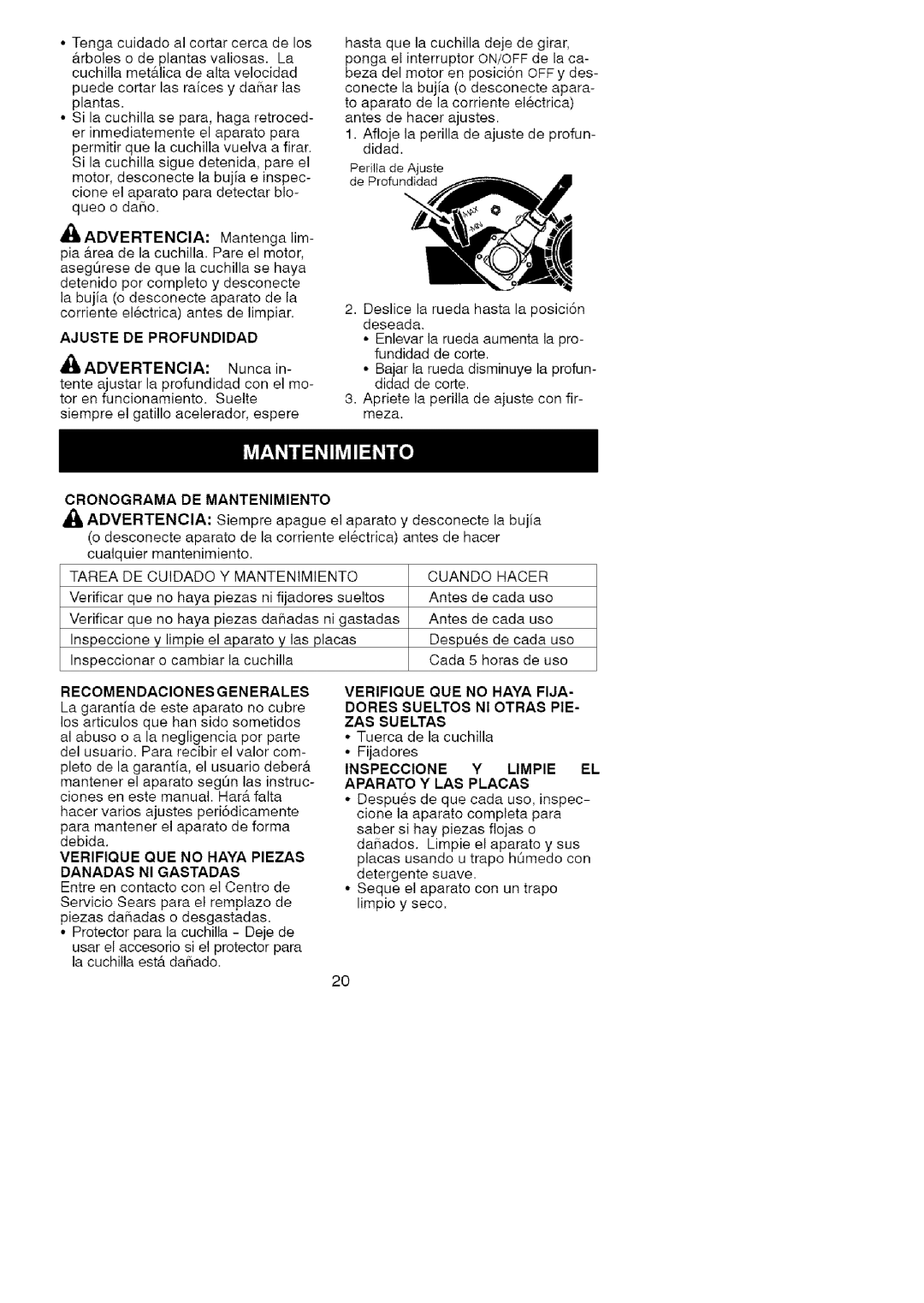 Craftsman 358.792403 Ajuste DE Profundidad, DE Mantenimiento Advertencia, Recomendaciones Generales, QUE no Haya Fija, Pie 