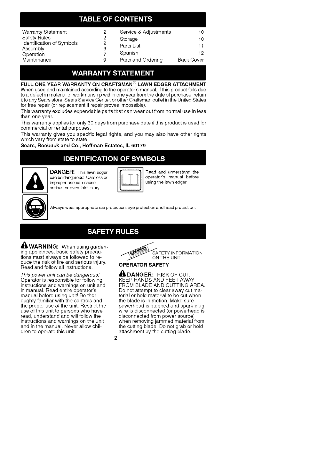 Craftsman 79240 manual Full ONE Year Warranty on Craftsman Lawn Edger Attachment, Afety Information Unit, Operator Safety 