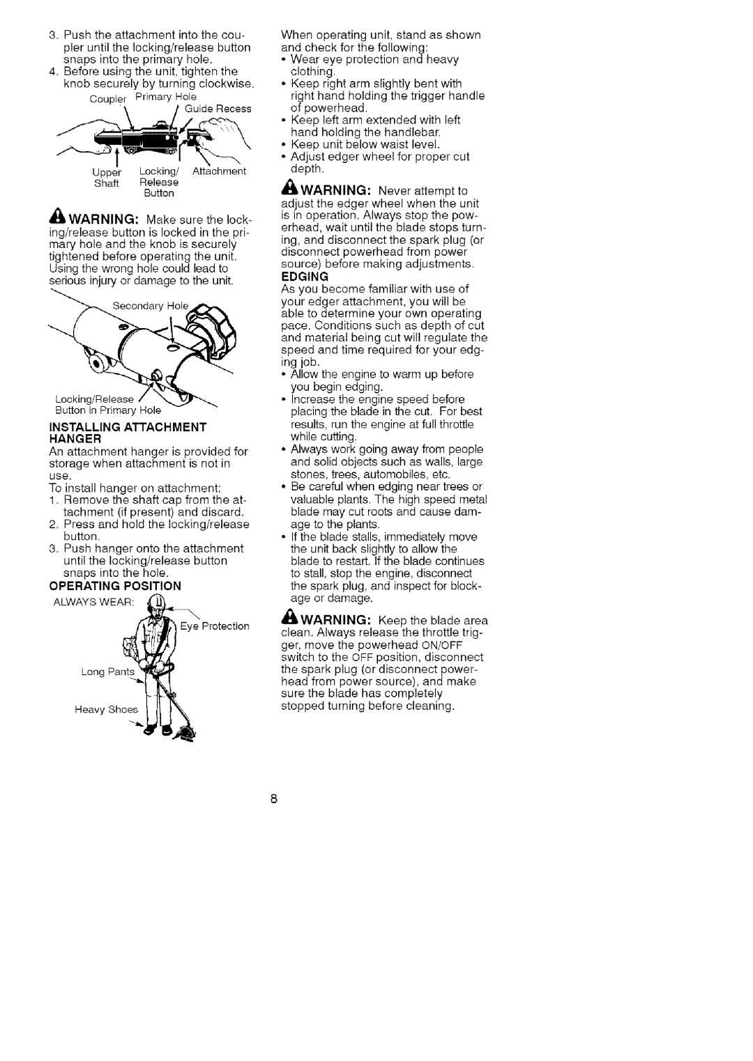 Craftsman 358.792403 manual Edging, Installing Attachment Hanger, Operating Position, Long Padiiints 