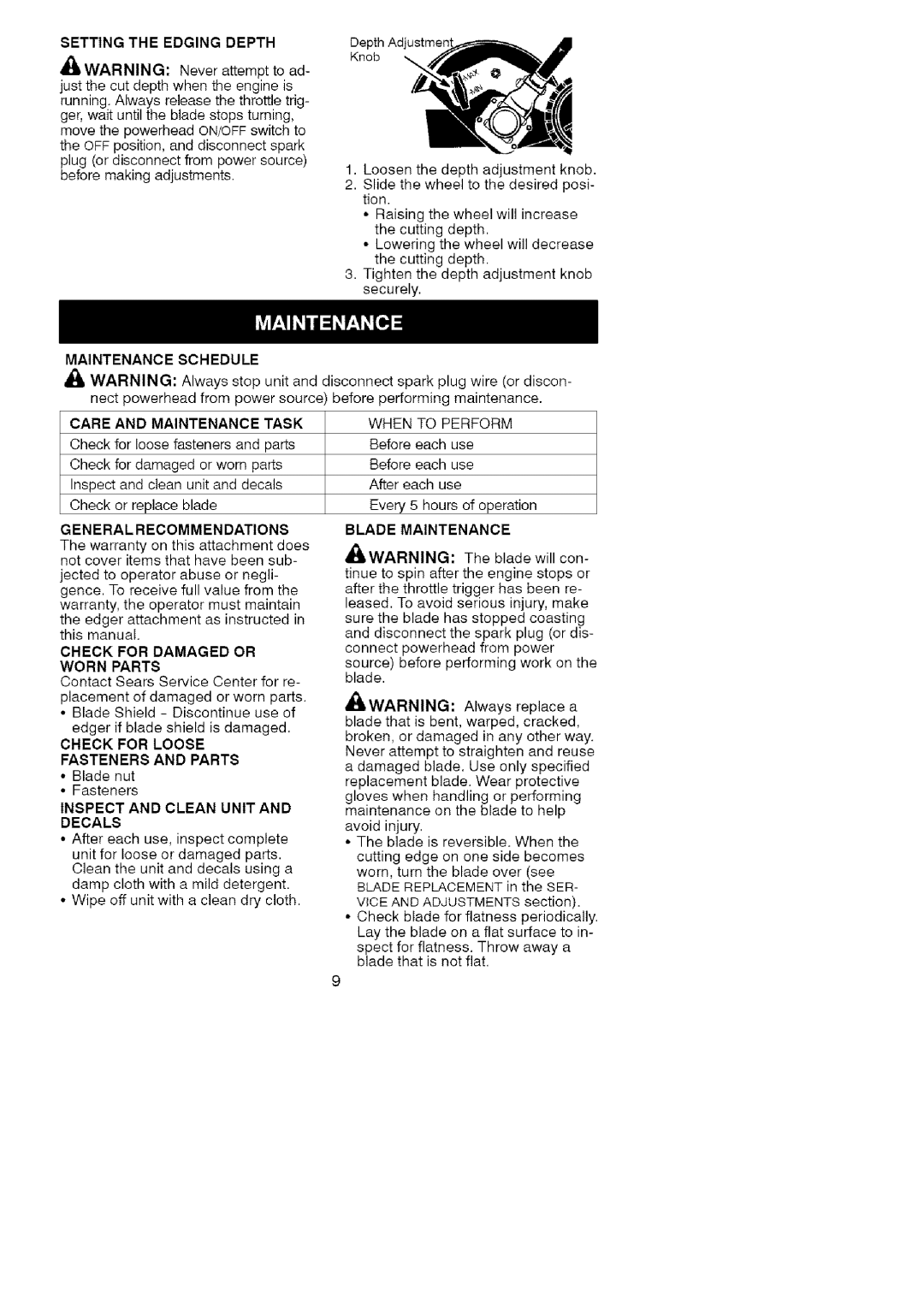 Craftsman 358.792403 manual Setting the Edging Depth, Maintenance Schedule, Care and Maintenance Task, Blade Maintenance 