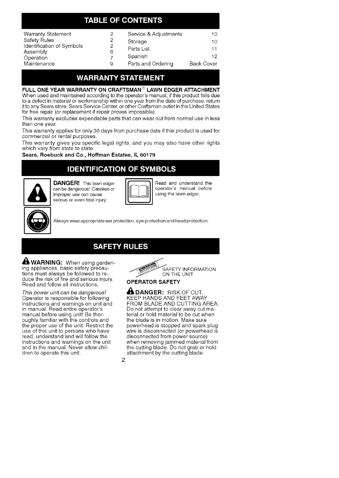 Craftsman 358.792403 manual Sears, Roebuck and Co., Hoffman Estates, IL, Operator Safety 