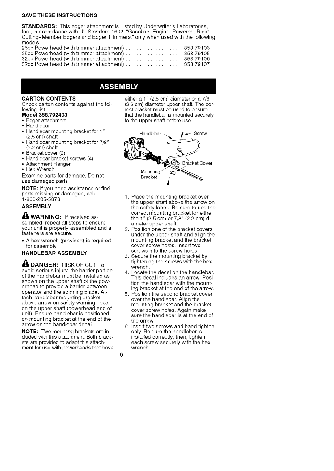 Craftsman 358.792403 manual Save These Instructions, Handlebar Assembly 