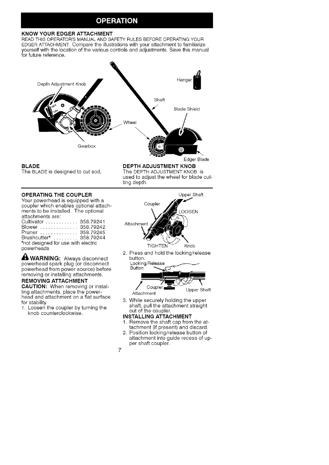 Craftsman 358.792403 manual Knowyouredger Attachment, Blade, Operating The Coupler, Installing Attachment 