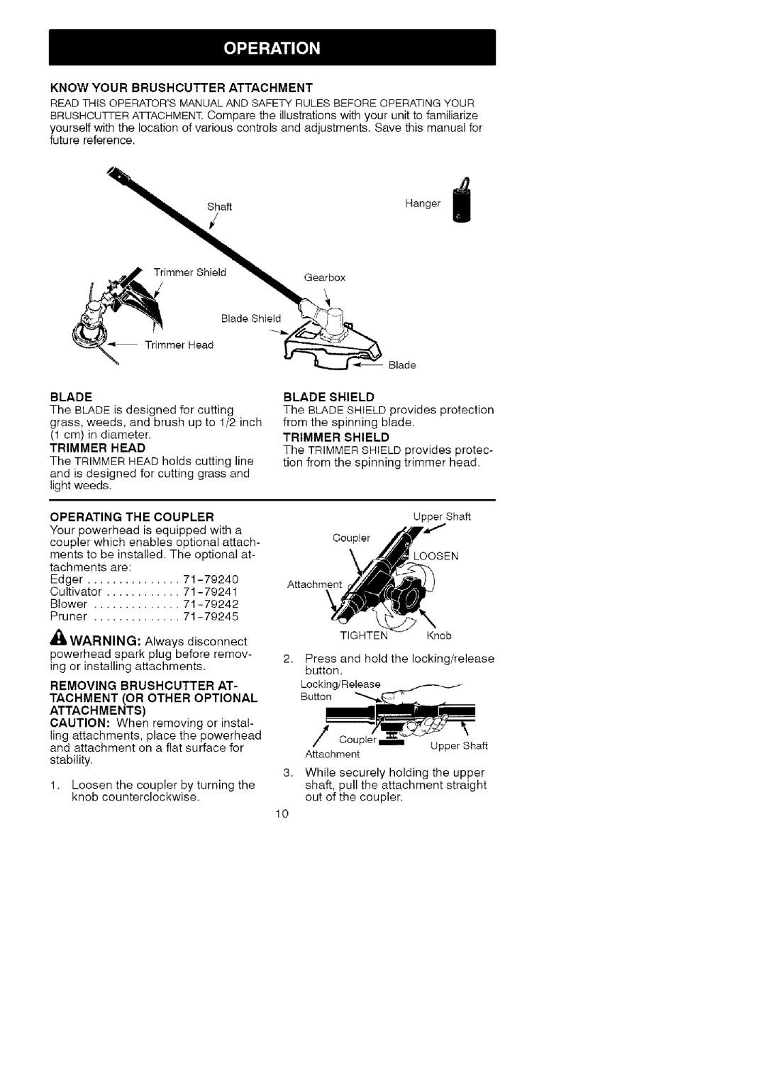 Craftsman 358.792443 manual Knowyourbrushcutter Attachment, Blade Shield, Operating the Coupler 