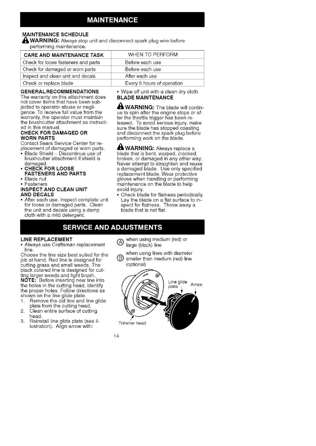 Craftsman 358.792443 manual Maintenance Schedule, Care and Maintenance Task, Blade Maintenance, Decals, Line Replacement 