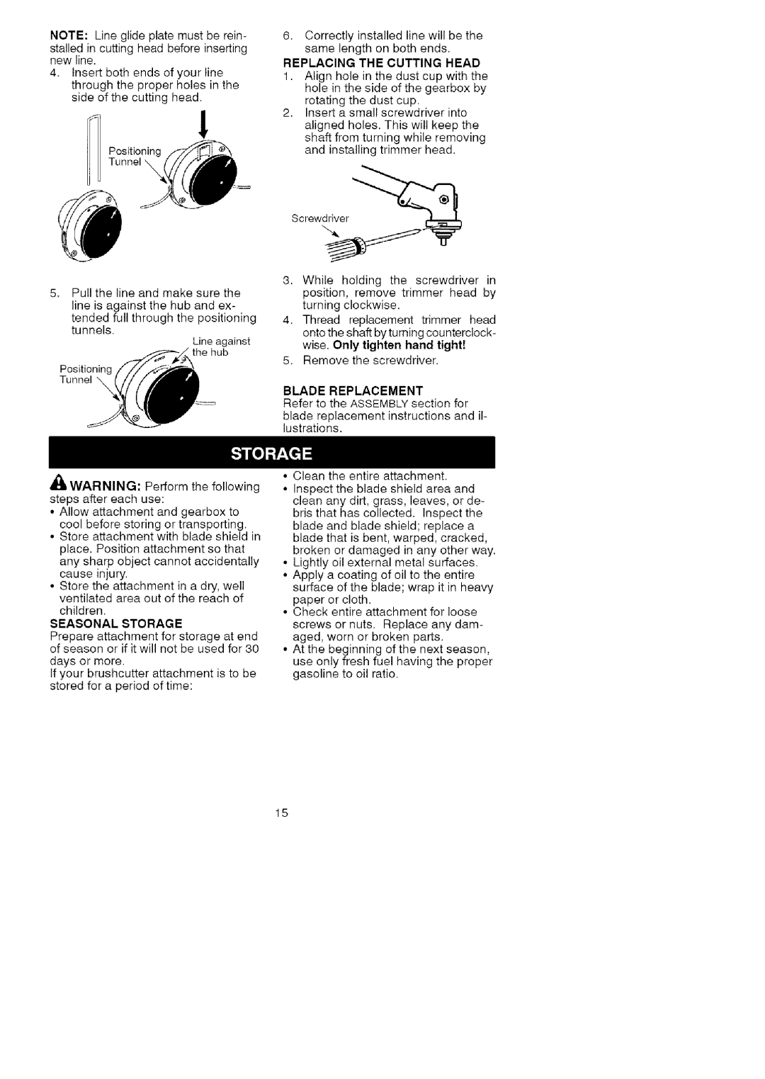 Craftsman 358.792443 manual Ssrew ,er, Replacing the Cutting Head, Blade Replacement, Seasonal Storage 