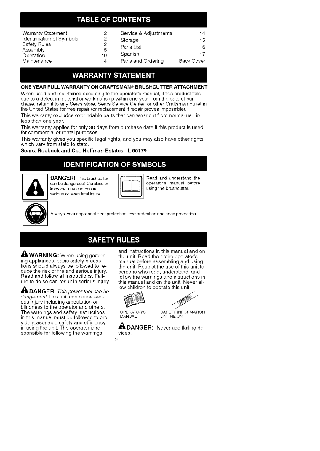 Craftsman 79244 ONE Year Full Warranty on Craftsman Brushcutter Attachment, Sears, Roebuck and Co., Hoffman Estates, IL 