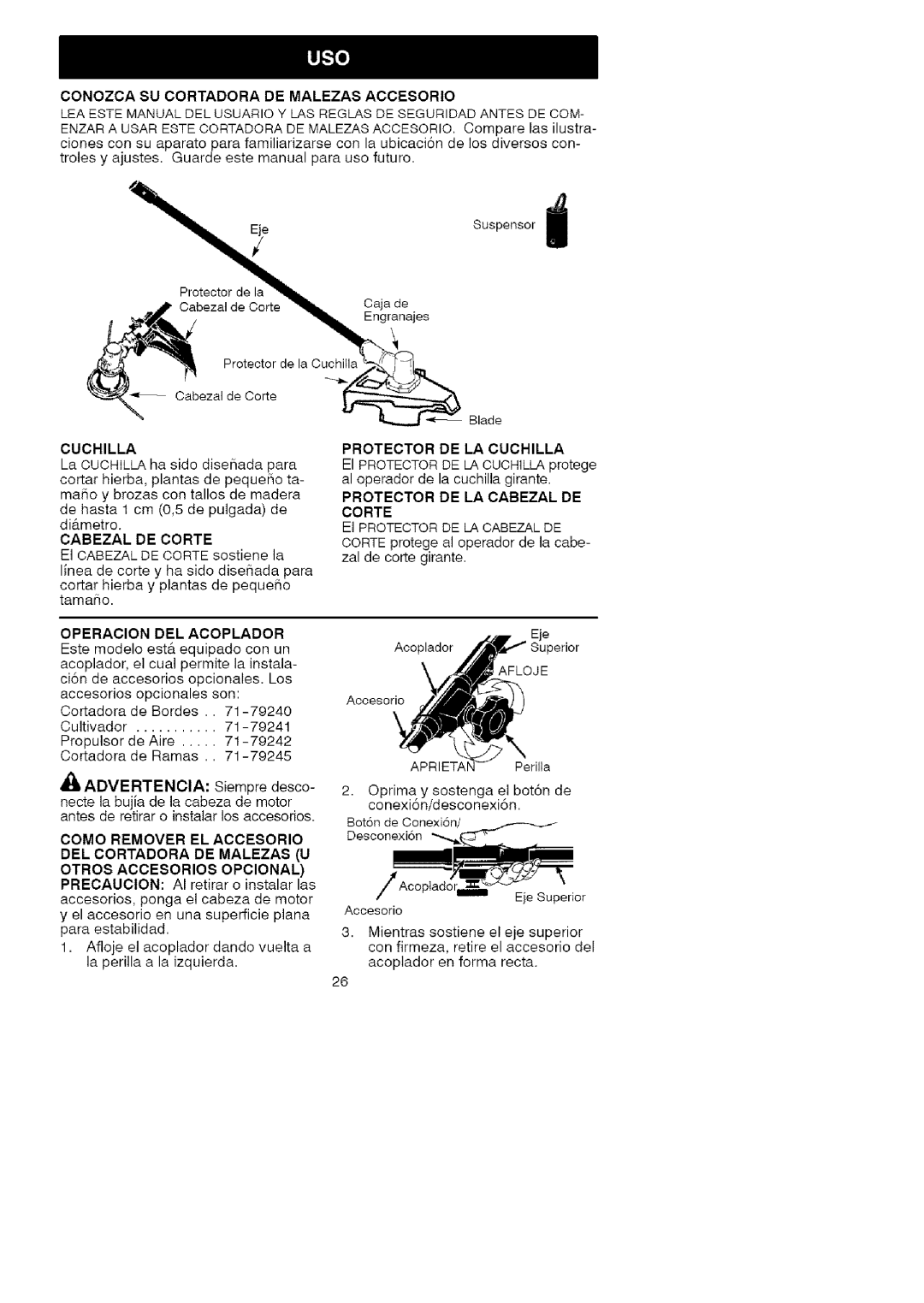 Craftsman 358.792443 manual Del Cortadora De Malezas U, Otros Accesorios Opcional, iAcoplad, Eje Superior 