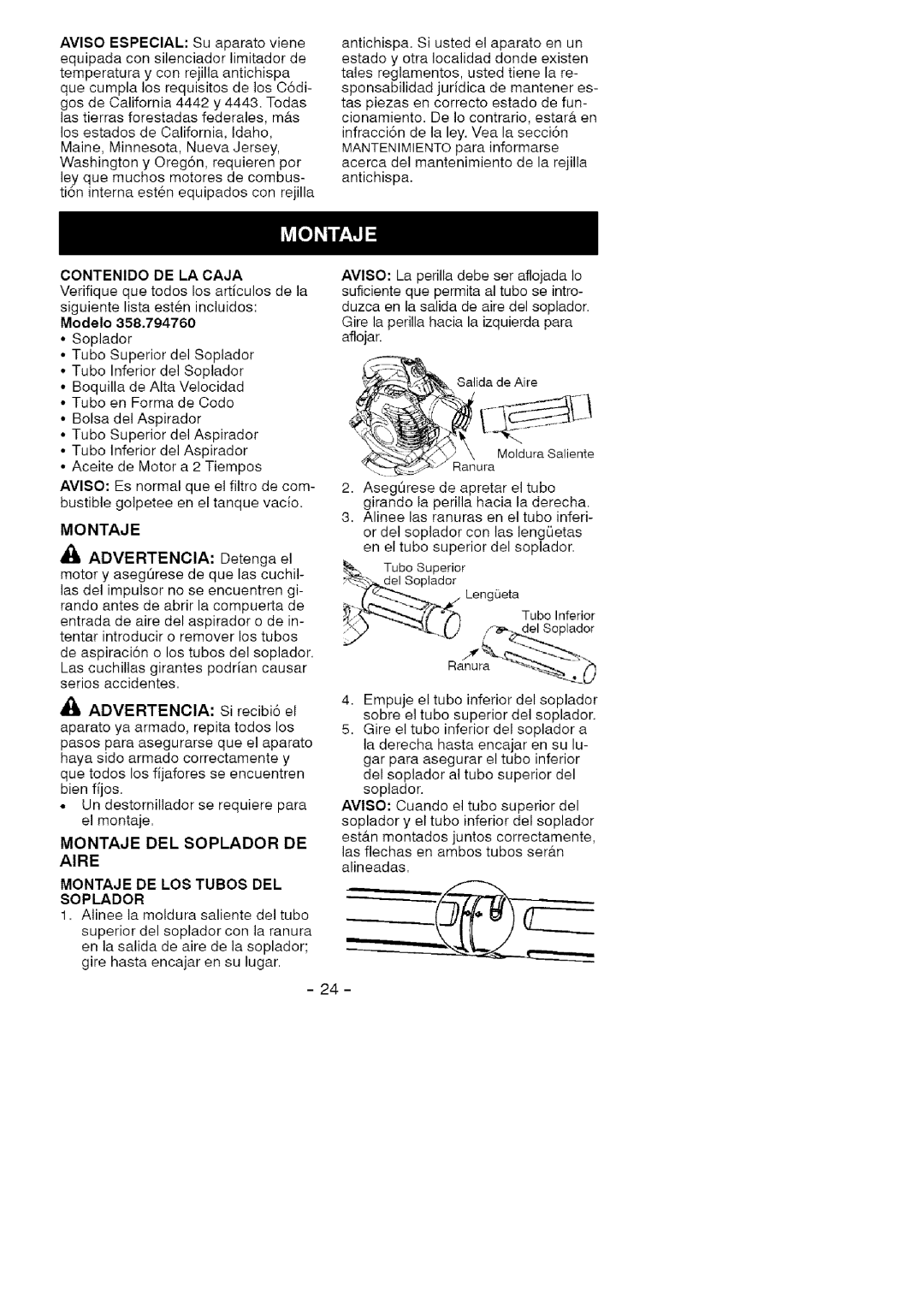 Craftsman 358.794760 manual Contenido DE LA Caja, Montaje 