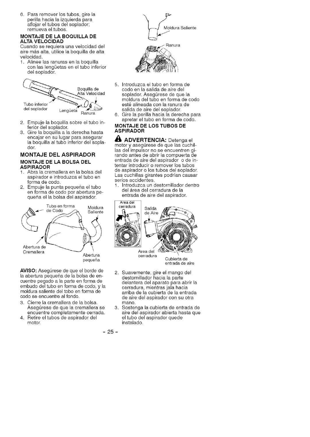 Craftsman 79476 manual Montaje DE LA Boquilla DE Alta Velocidad, Montaje DEL Aspirador Montaje DE LA Bolsa DEL Aspirador 