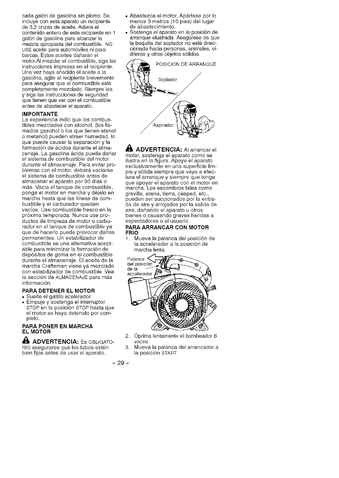 Craftsman 358.794760 manual Importante, Para Detener EL Motor, Para Poner EN Marcha EL Motor, A4, Advertencia 