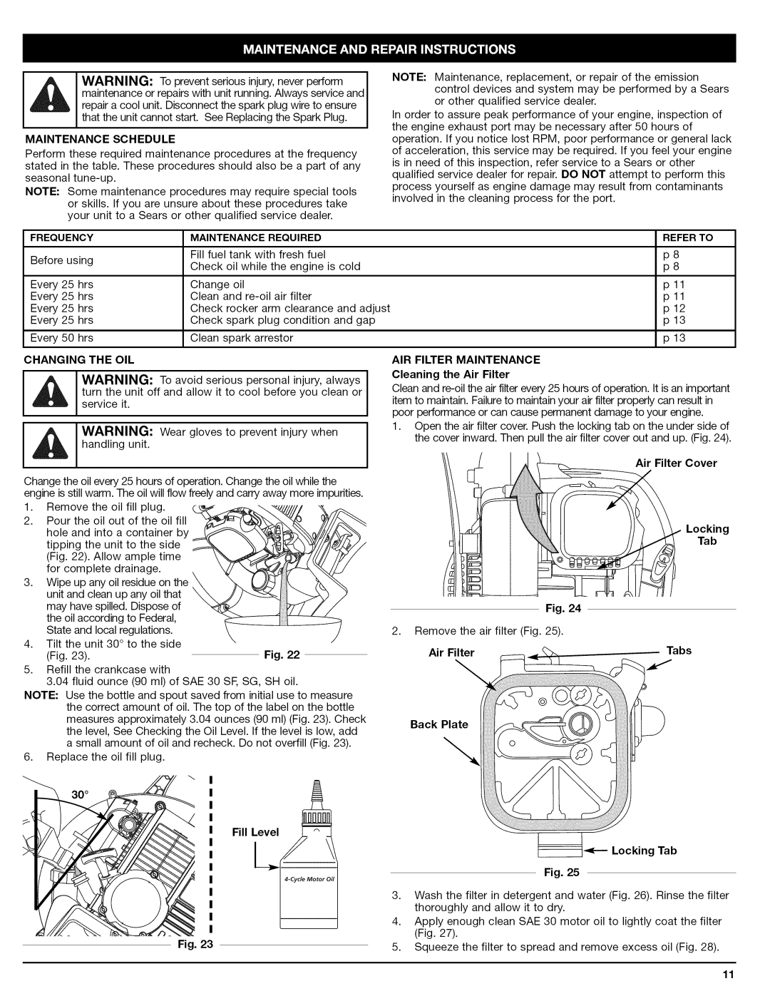 Craftsman 79480 manual Maintenance Schedule, Frequency Maintenance Required, Refer to, AIR Filter Maintenance 